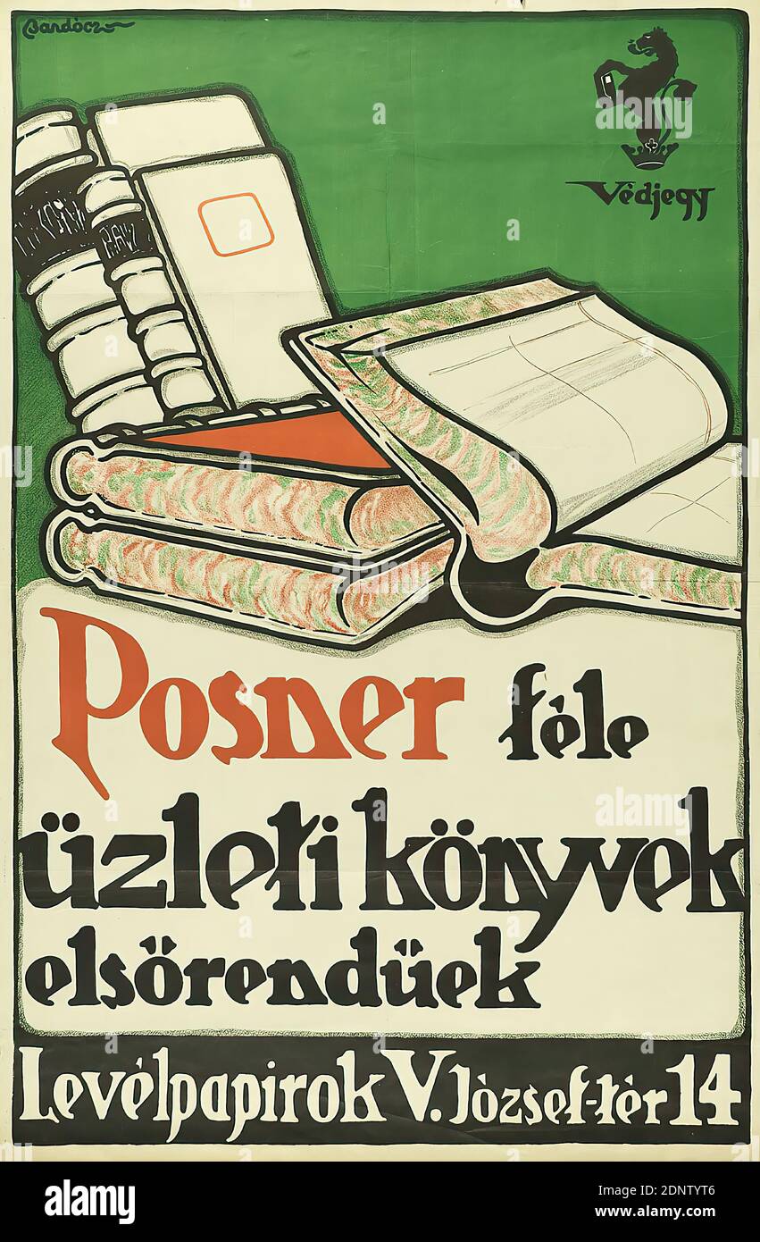 Árpád Bardócz, Posner féle üzleti könyvek, litografia, totale: Altezza: 95 cm; larghezza: 62 cm, segno: In alto a sinistra nella pietra: Bardócz, pubblicità prodotto (poster), libro, lettura Foto Stock