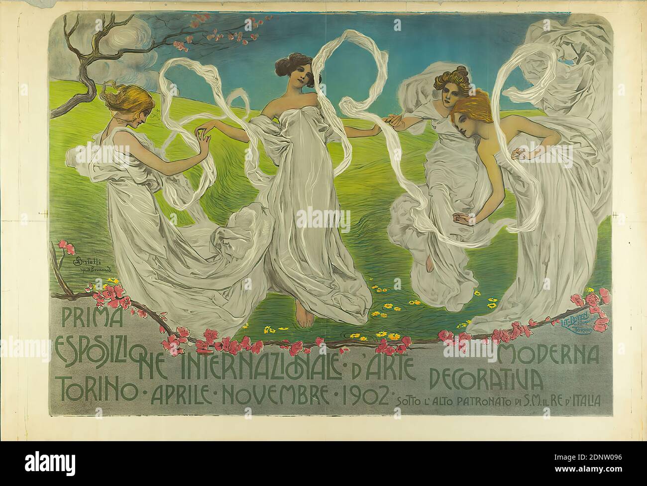 Leonardo Bistolfi, illuminato. Simonetti, prima esposizione internazionale d`arte decorativa moderna Torino 1902, carta, litografia, totale: Altezza: 110 cm; larghezza: 161,5 cm, firmata e iscritta: u. li. In stampa: LBistolfi [ligated] rip. Di Bernardi, poster espositivi, balli, ballerini, movimento, grazie (gratia), alberi, cespugli d'arte, nouveau Foto Stock