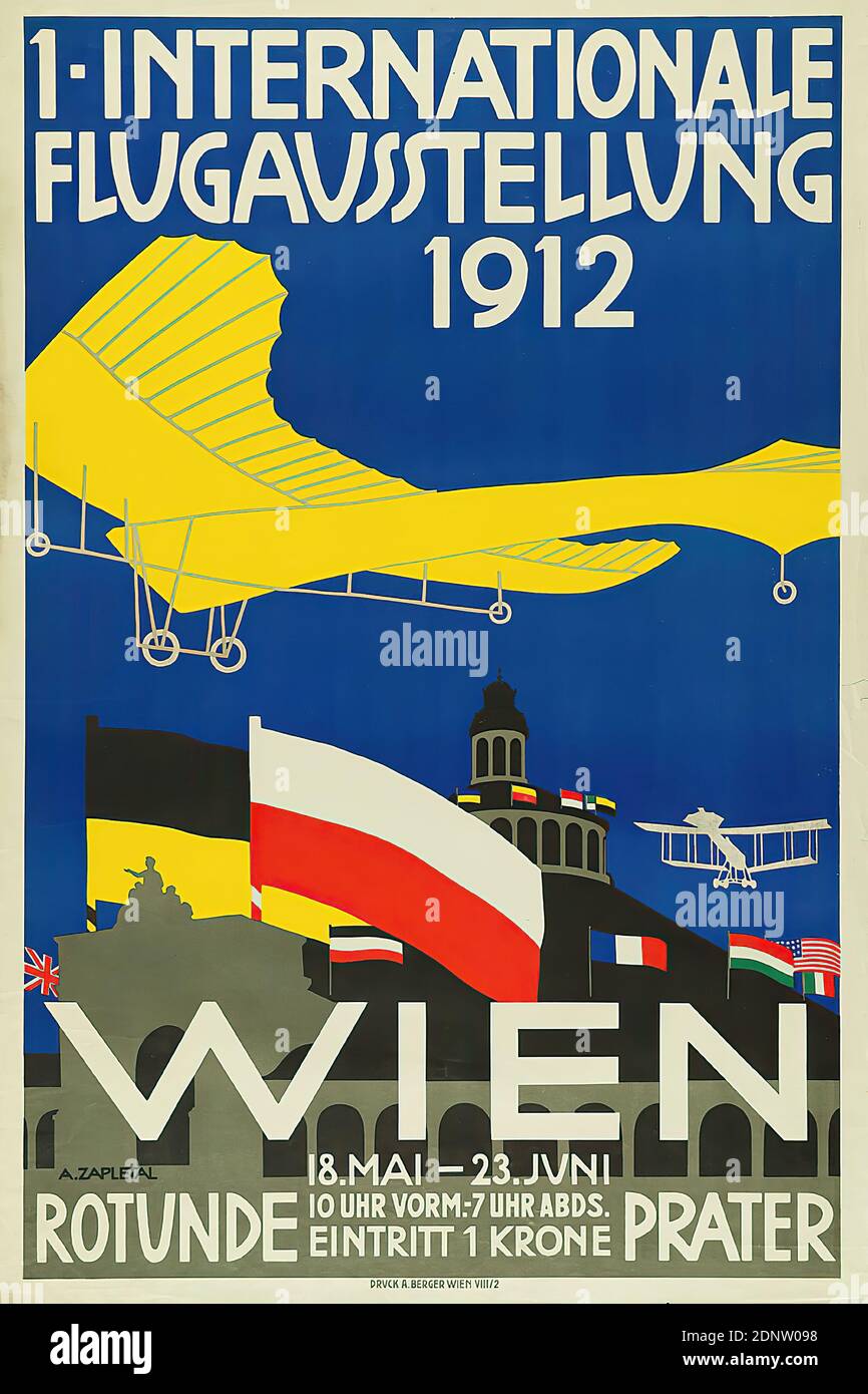 Alois Zapletal, litografia Anstalt Albert Berger, 1° Salone Internazionale del volo Vienna 1912, carta, litografia, totale: Altezza: 89,8 cm; larghezza: 59,8 cm, firma: Im Druck u. li.: A. ZAPLETAL, manifesti espositivi, fiere/esposizioni, aereo, bandiera, colore (simbolo dello stato), edificio storico, località, strada Foto Stock
