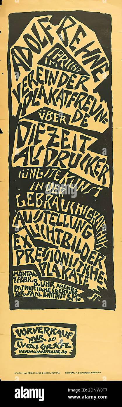 H. W. Köbner & Co, Heinrich August Friedrich Johannes Steinhagen, Adolf Behne parla nel Verein der Plakatfreunde del tempo come stampante - Arte recente in arte commerciale - Mostra di fotografie, manifesti espressionisti, carta, litografia, totale: Altezza: 85 cm; larghezza: 27,5 cm, monogramma: u. r. im Stein: ST, poster di artisti, poster di eventi, lettere, alfabeto, scrittura, espressionismo Foto Stock