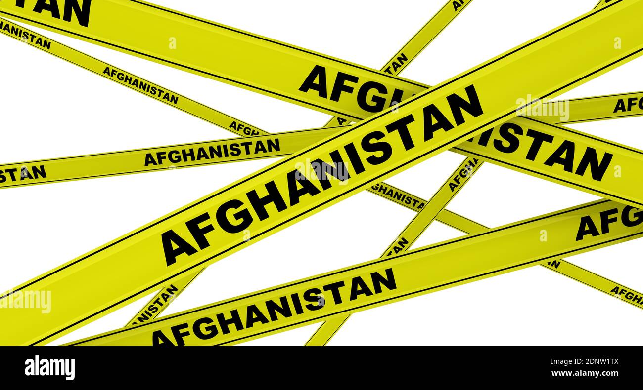 Afghanistan. Nastri di avvertimento gialli con parole nere AFGHANISTAN. Isolato. Illustrazione 3D Foto Stock