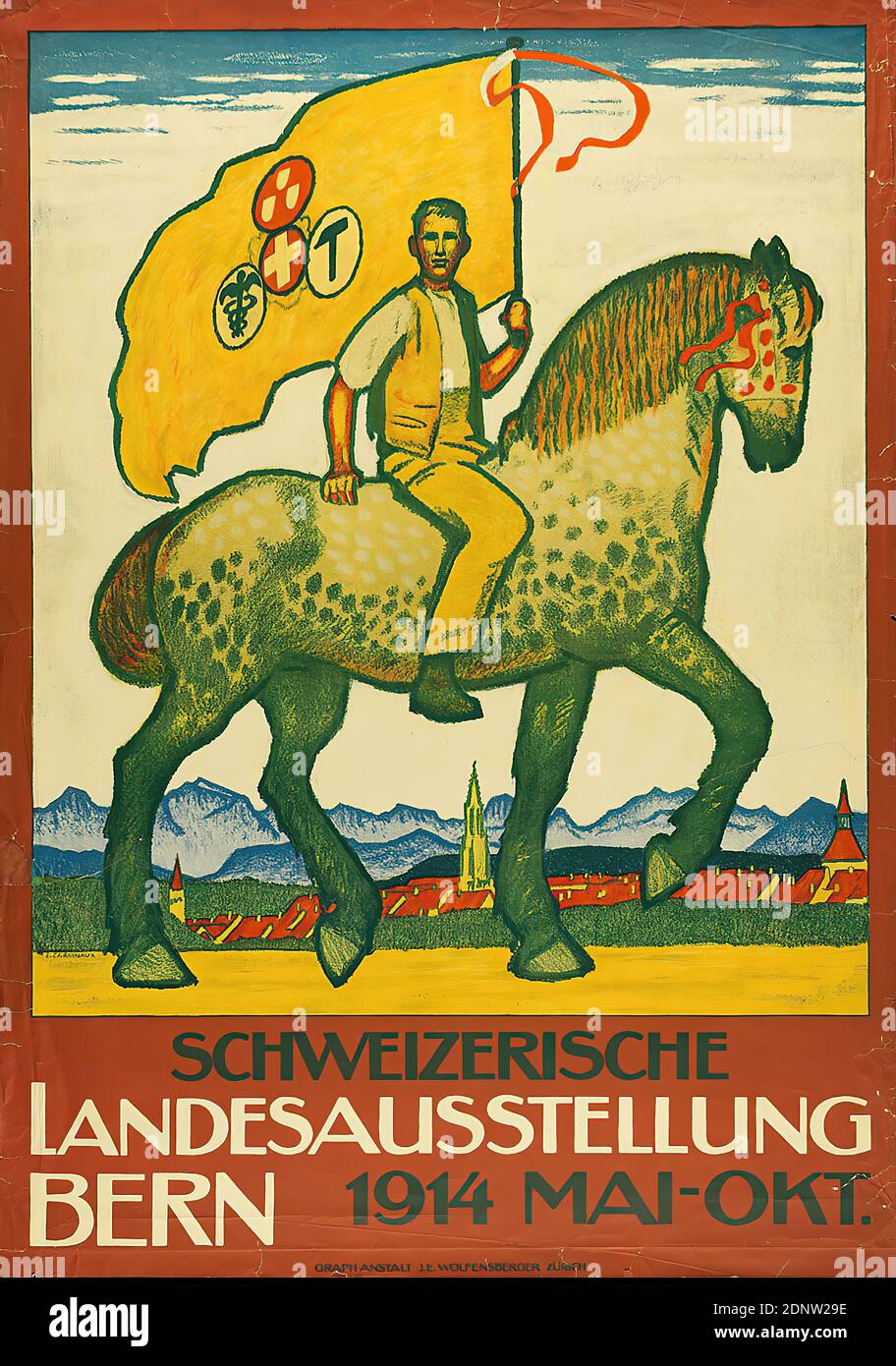 Grafico. Wolfensberger, Emil Cardinaux, Salone nazionale svizzero Berna 1914, carta, litografia, totale: Altezza: 128,2 cm; larghezza: 90,2 cm, firma: Recto u. li. Nella rappresentazione in stampa: E. CARDINAUX, manifesti espositivi, fiere/esposizioni, cavallo, bandiera, colore (simbolo dello stato), equitazione/equitazione, montagna, viaggi/turismo Foto Stock
