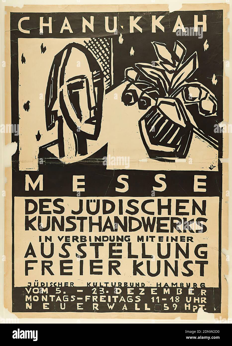 Kurt Löwengard, Hanukkah massa di arti e mestieri ebraici in connessione con una mostra di arte libera, carta, litografia, totale: Altezza: 104,5 cm; larghezza: 74,5 cm, monogramma: Recto re. In stampa: KL, manifesti di eventi, fiere/mostre, manifesti di mostre, fiere (commercio), mostre d'arte, arte e artigianato, design industriale, testa, viso, contenitore (ceramica): Vaso, caraffa, vaso, vaso, fiori, scultura, scultura (raccolta ed esposizione di opere d'arte), ebrei, vita ebraica Foto Stock