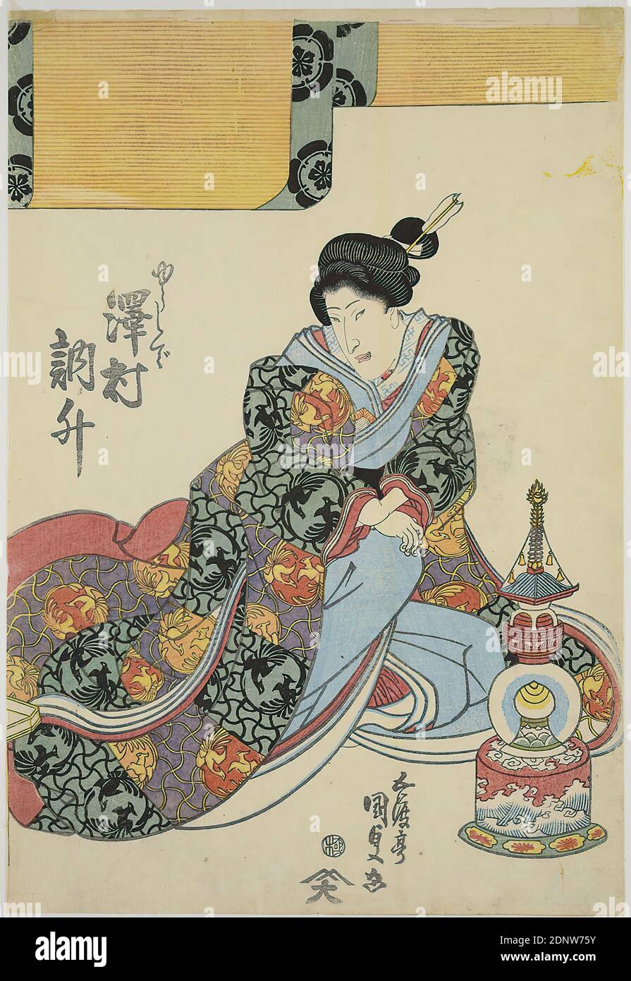 Utagawa Kunisada, l'attore Sawamura Tosshō nel ruolo femminile, colore legno tagliato, totale: Altezza: 37,00 cm; larghezza: 25,30 cm, Firma: Gotei Kunisada ga 五渡亭国貞画, Editore: Jōshūya Kinzō, timbro di censura, stampe, stampa, attore, attrice, periodo Edo Foto Stock