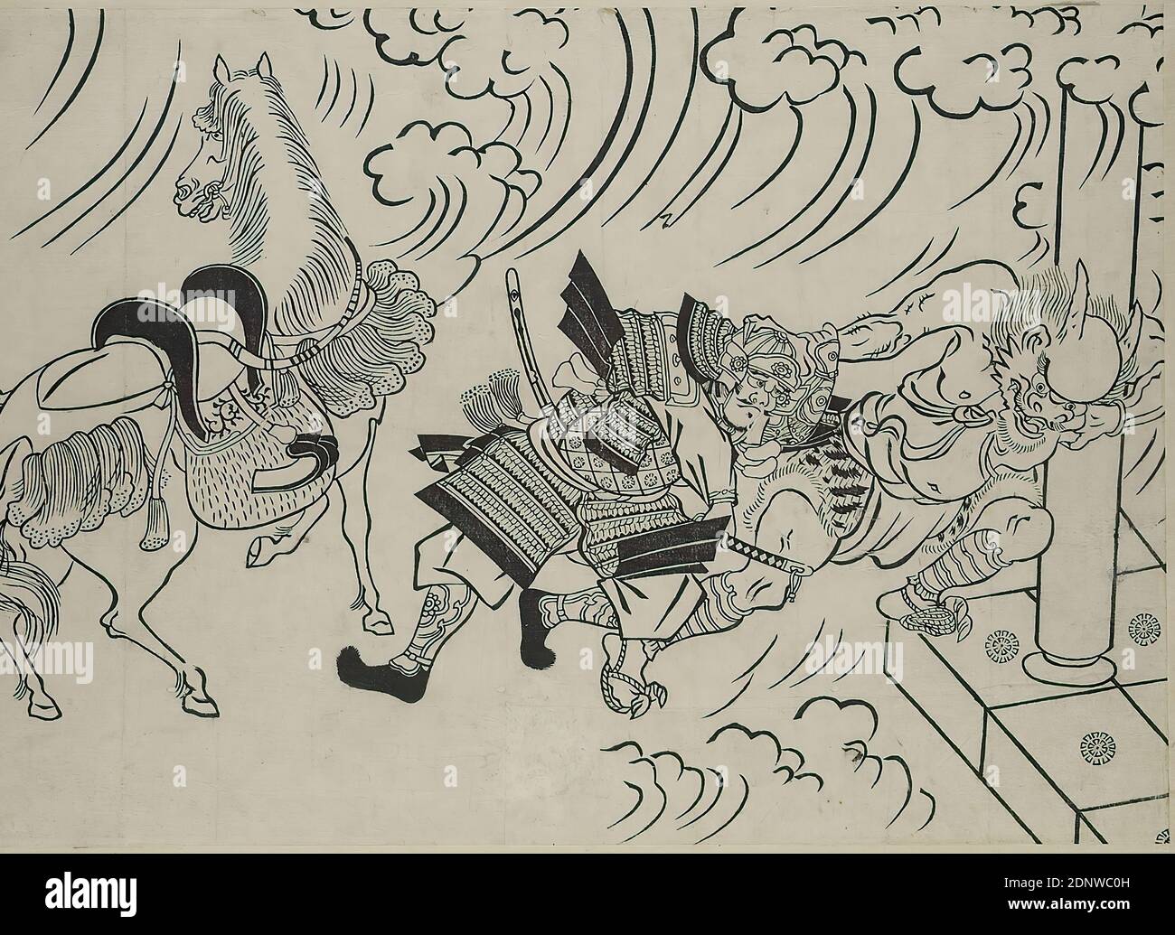 Hishikawa Moronobu, Shutendōji, piatto 2, legno, totale: Altezza: 27,00 cm; larghezza: 35,00 cm, non firmato, stampe, stampati, cavallo, guerra/militare, creatura mitica, mostro, figure leggendarie, periodo Edo Foto Stock