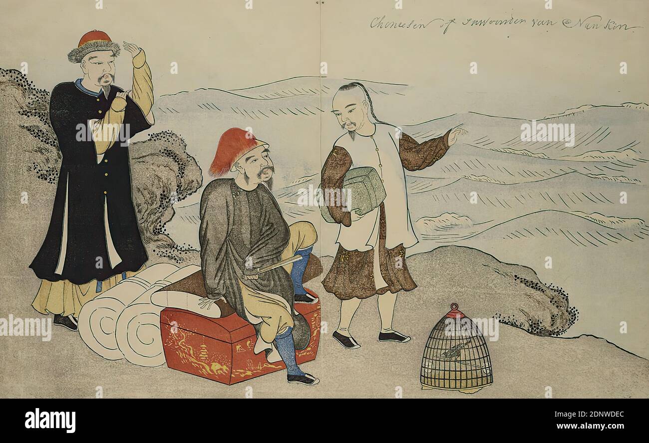 Kitao Masayoshi, tre cinesi, dal libro: Immagini di uccelli importati,  taglio a colori in legno, goffratura cieca, totale: Altezza: 25.00 cm;  larghezza: 37.30 cm, senza segno, inscritto: o. r.: Cinese di inwerden