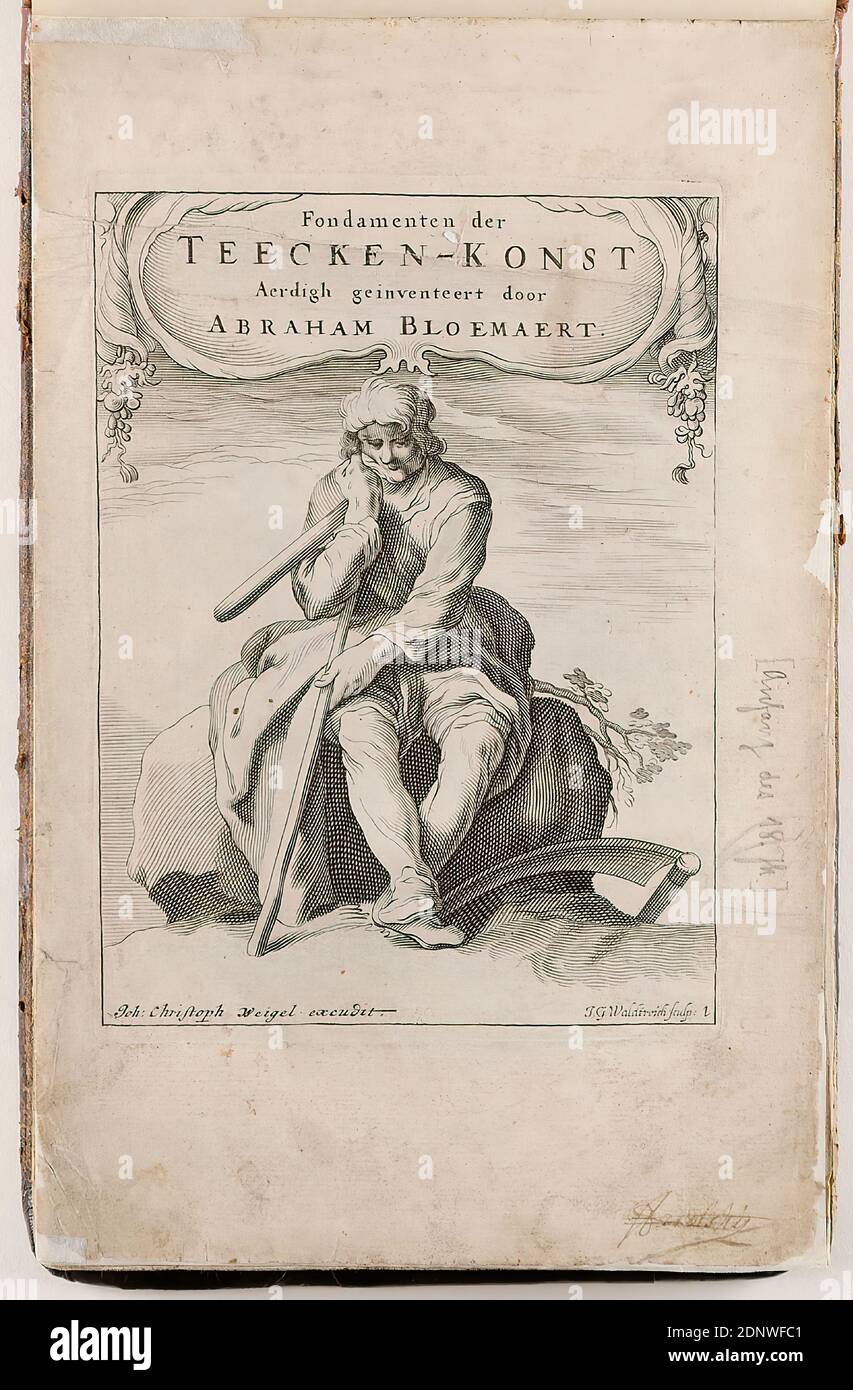 Johann Christoph Weigel, Johann Georg Waldtreich, Abraham Bloemaert, titolo della serie Fondamente der Teecken-Konst aerdigh geinverteert door Abraham Bloemaert, carta, incisione su copperplate, incisione su carta a coste, dimensione del foglio: Altezza: 29.20 cm; larghezza: 18.30 cm, firmata e numerata nella piastra: Joh. Christoph Weigel excutit, J. G. Waldtreich sculp, 1, iscritto da uno straniero con matita sulla destra: Inizio del 18 ° secolo. Foto Stock