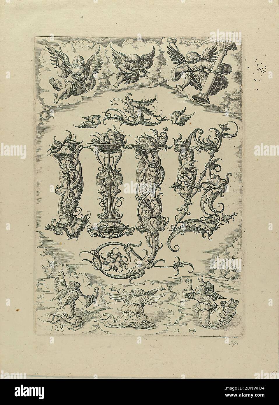 Daniel Hopfer, monogramma decorato Christi IHS, carta, incisione, dimensioni del foglio: Altezza: 28,80 cm; larghezza: 21,30 cm, monogramma e numerato: Nella piastra: DH, 128, inscritto, da qualcun altro in piombo: 39, 4, printmaking, stampa, IHS, monogramma di Cristo, Angeli (religione cristiana), arma Christi, grottesca (ornamento), rinascimentale, Monogramma decorato di Cristo (IHS) e sei Angeli con gli strumenti della sofferenza, con il numero funck 128 Foto Stock