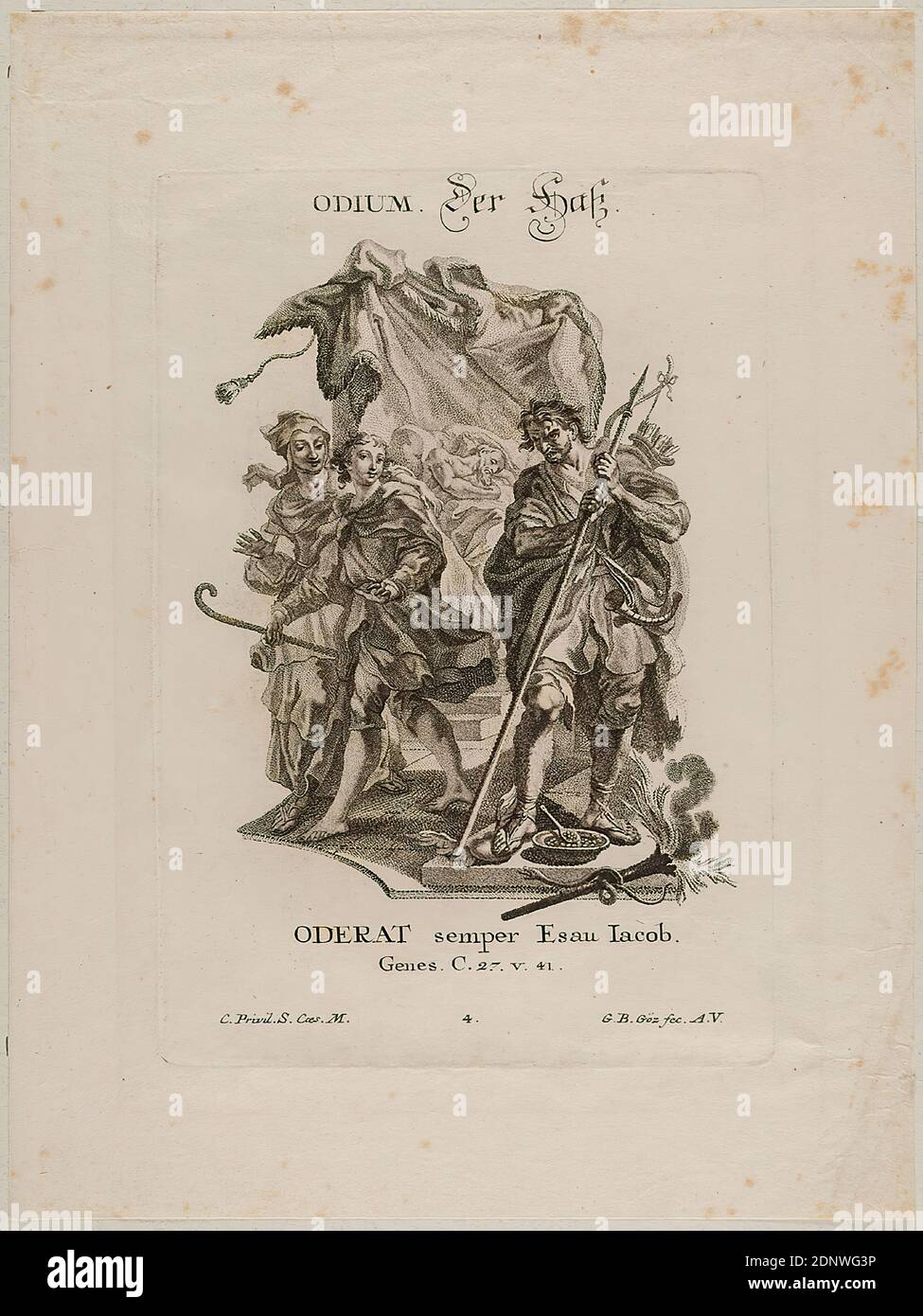 Gottfried Bernhard Göz, Jakob - 1. Libro Mose/Genesis - Der Hass, modello a matrice di punti, dimensioni del foglio: Altezza: 23,7 cm; larghezza: 17,7 cm, firmato, inscritto e numerato nella piastra: ODIUM. L'odio, il semper ORAT Esau Iacob, geni. C. 27. V. 41, C. Primil. S. Caes. M, 4°, G. B. Göz fec. A. V, stampe, stampati, Storia di Giacobbe, foglio 4 della serie Passiones anime aequae bonae ac malae, figuris biblicis Penicillo i buoni e cattivi malati della mente umana presentati in storie bibliche Foto Stock