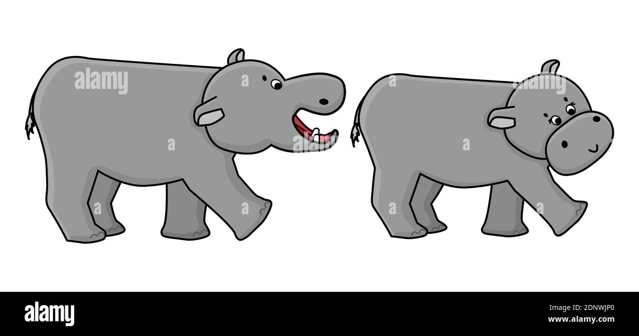 Carino cartone animato mano disegnato maschio grigio Hippo sta cercando di morso ippopotamo femminile Illustrazione Vettoriale