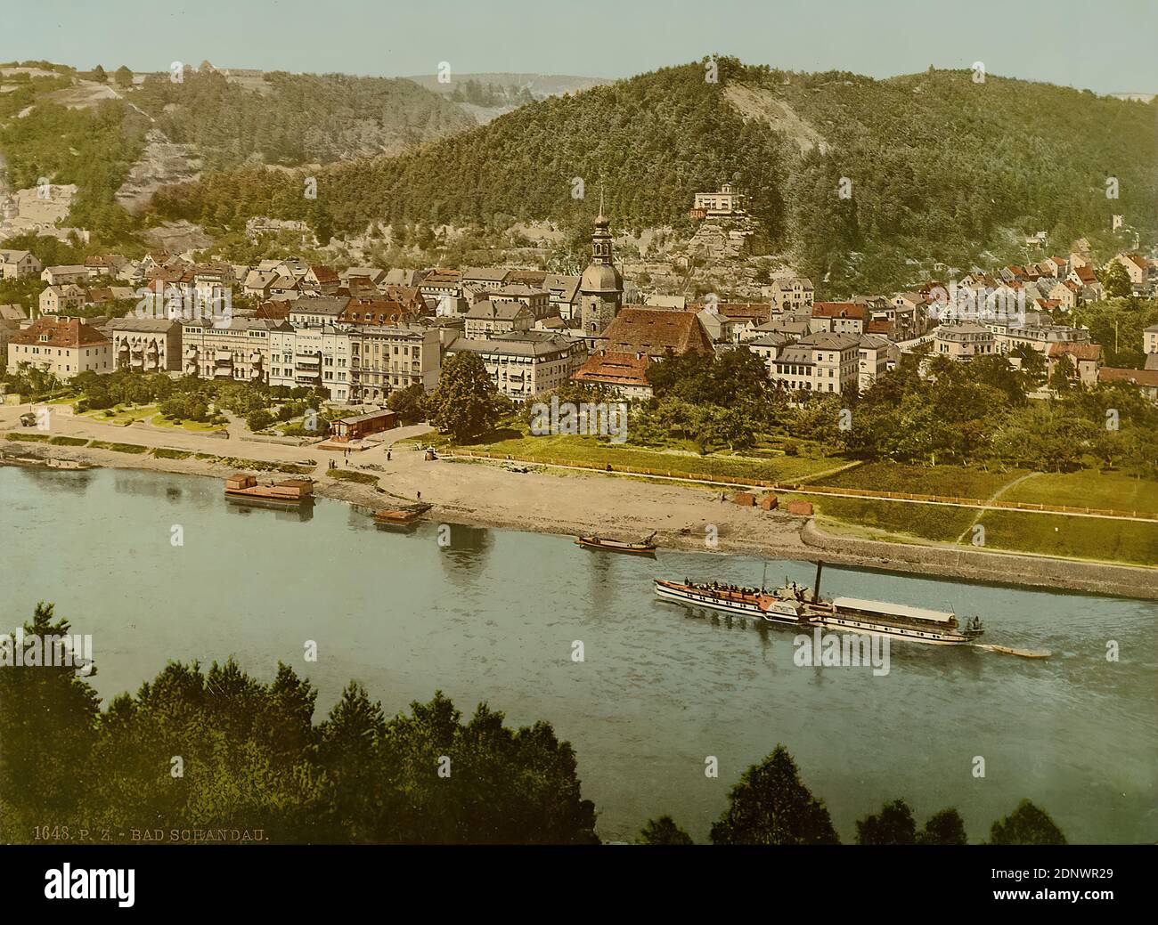 Bad Schandau, Staatliche Landesbildstelle Amburgo, collezione sulla storia della fotografia, stampa fotocromatica, totale: Altezza: 16.20 cm; larghezza: 22.10 cm, titolo: Recto u. l.: Titolo, timbro dello Staatliche Landesbildstelle Amburgo, fotografia di viaggio, fiume Foto Stock