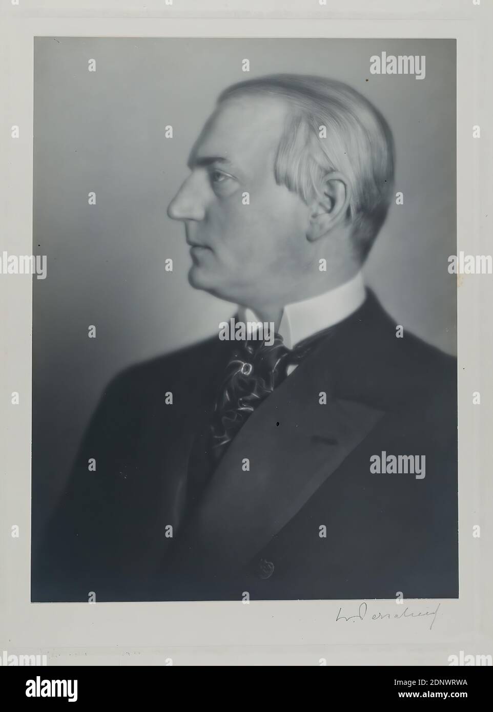 Nicola Perscheid, ritratto di un Signore, Staatliche Landesbildstelle Amburgo, collezione sulla storia della fotografia, carta in gelatina d'argento, processo positivo in bianco e nero, dimensioni immagine: Altezza: 22,30 cm; larghezza: 16,80 cm, firma: Recto u. re. Sul cartone: In piombo: N.Perscheid, fotografia ritratto, fotografia studio/studio, ritratto, profilo (vista laterale), uomo Foto Stock