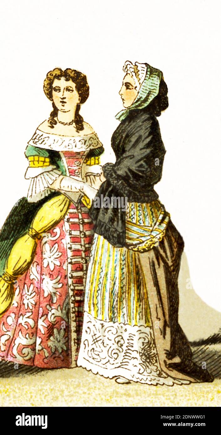 Le figure qui rappresentate sono il francese dame di rango intorno al 1600. L'illustrazione risale al 1882. Foto Stock