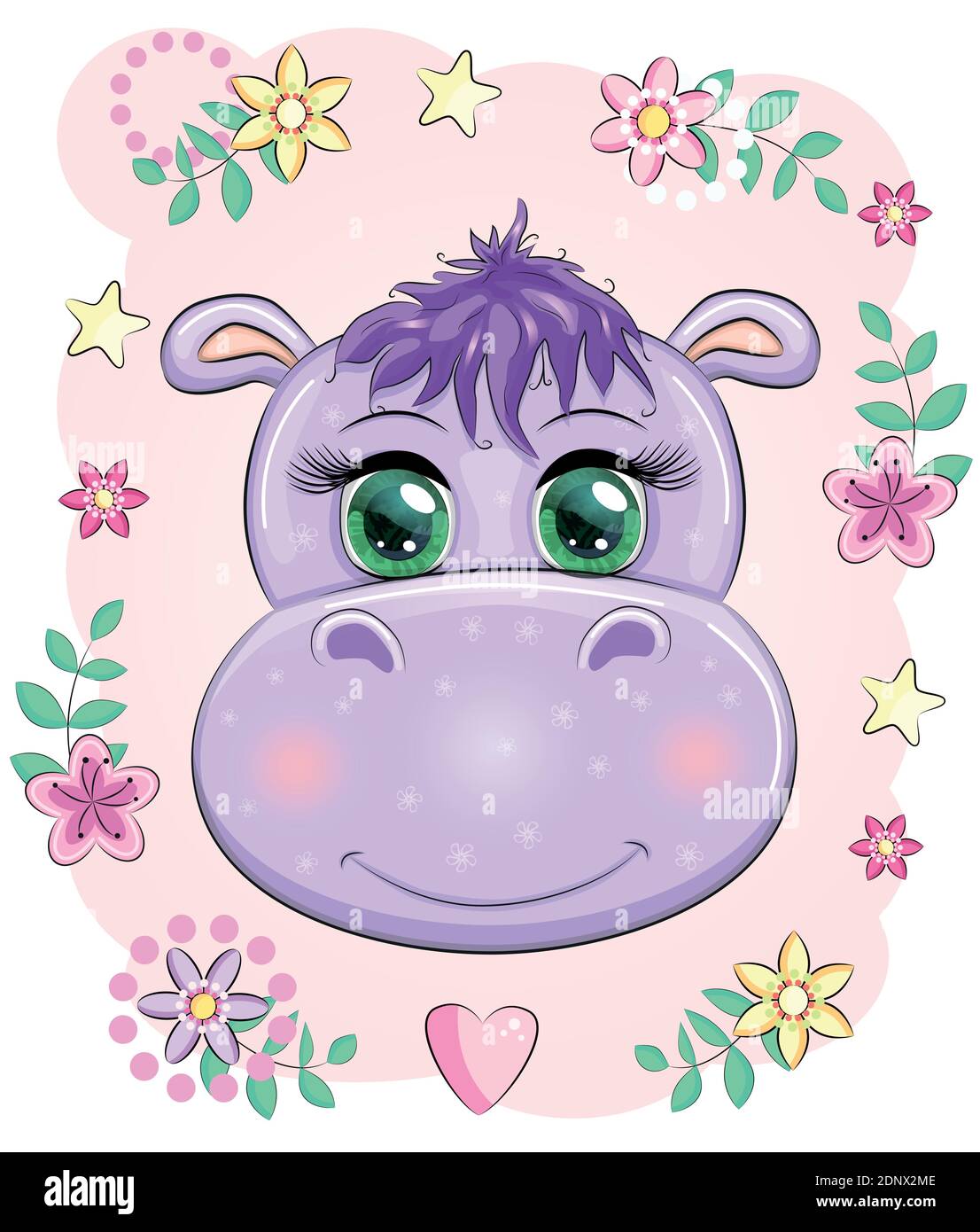 Carino hippo cartone animato con gli occhi belli tra fiori, cuori. Stampa  t-shirt, abbigliamento bambino design moda, baby doccia carta invito  Immagine e Vettoriale - Alamy