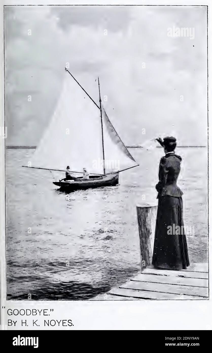 Fotografia d'epoca del 1896 intitolata Arrivederci. Presenta una donna sulla banchina che sventola Arrivederci a persone su un piccolo yacht. H. K. Noyes ha scattato la foto. Foto Stock