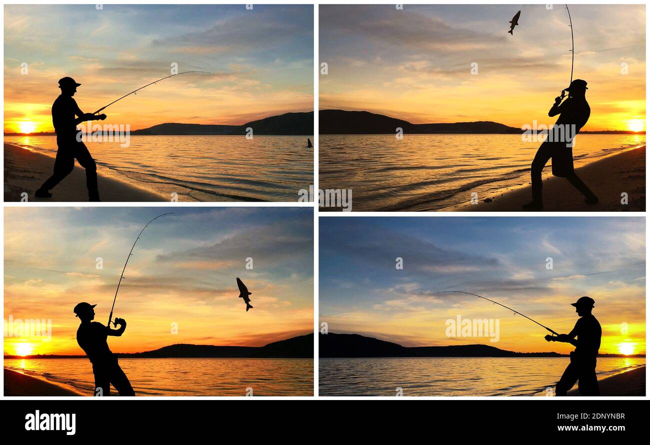 Silhouette di un uomo che pesca con la scarpa al tramonto -collage imposta foto Foto Stock