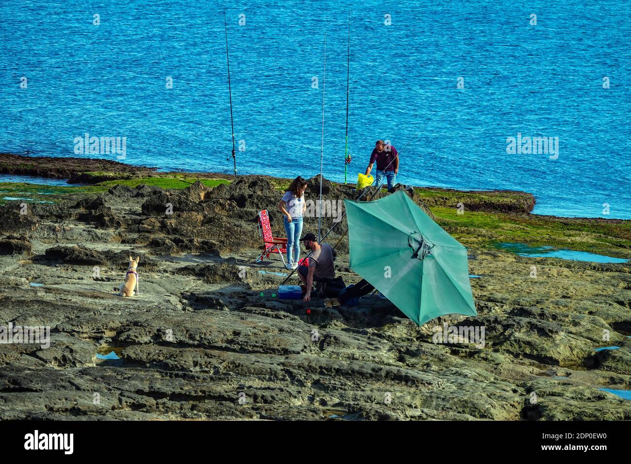 Pescatore con famiglia, ombrellone e cane, costa rocciosa, mare, la Mata, Torrevieja, Costa Blanca, Provincia di Valencia, Spagna, UE, Europa Foto Stock