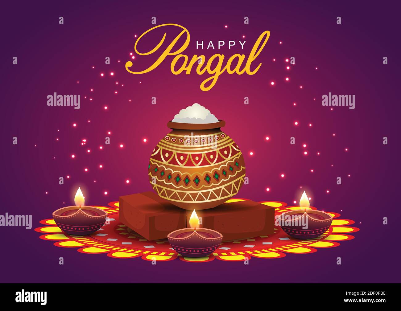 Happy Pongal festeggiamenti banner, modello o poster design. Festa della raccolta dell'India del sud con offerte religiose e pentola tradizionale su backgr scuro Illustrazione Vettoriale