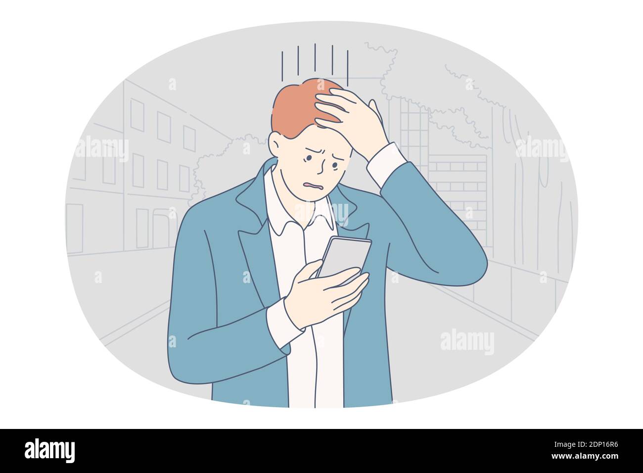 Stress, overwork, concetto di problemi. Infelice depresso sollecitato giovane lavoratore d'ufficio uomo d'affari che tocca la testa con le dita, guardando su smartphone feeli Illustrazione Vettoriale