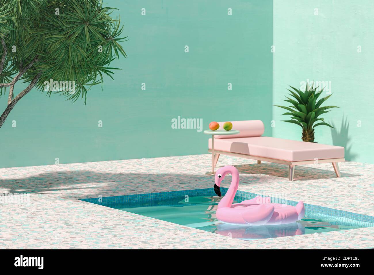 Fenicottero giocattolo rosa che galleggia sulla piscina accanto al lettino solare e. palme Foto Stock