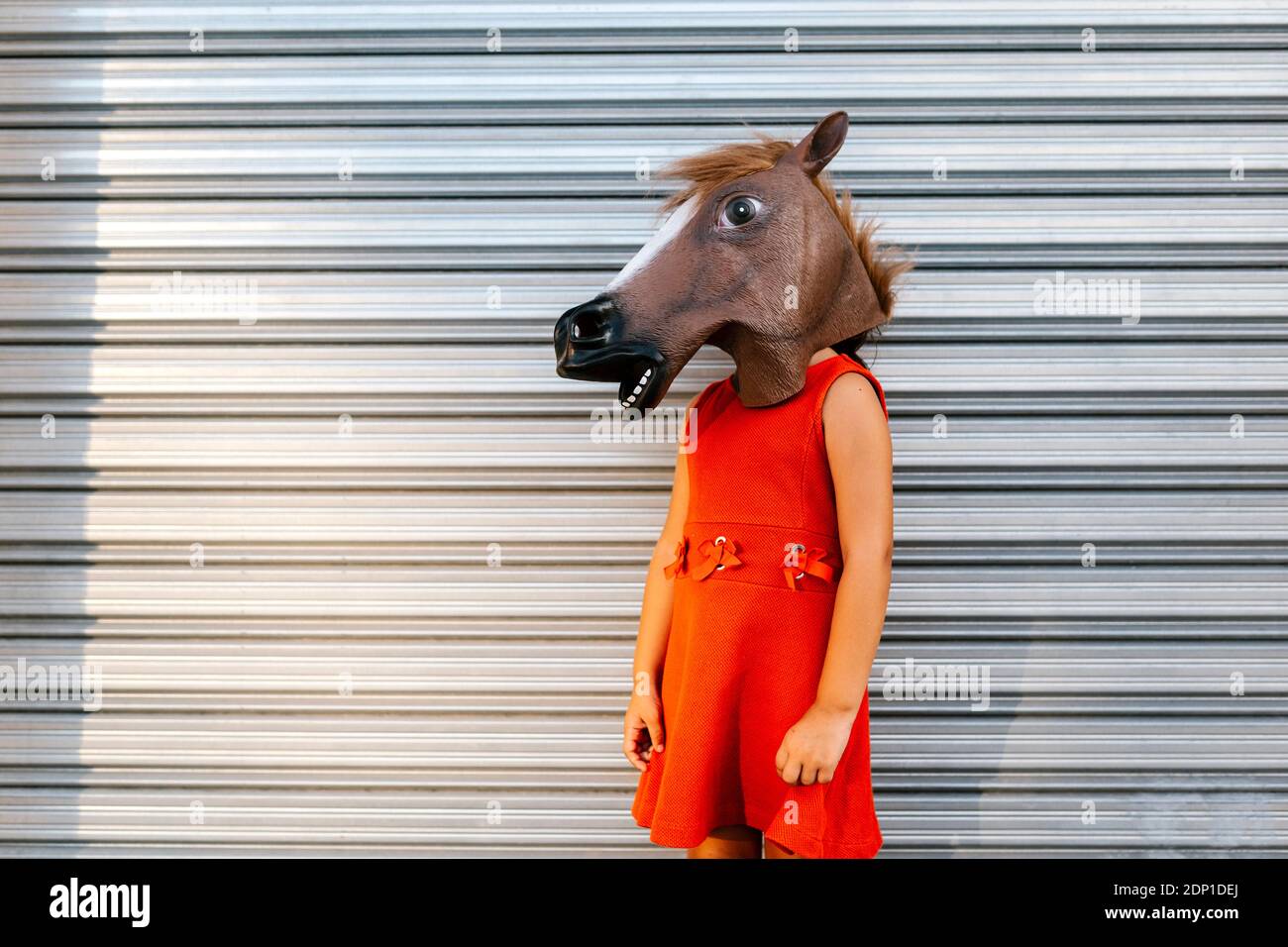 Cucciolata con la testa di un cavallo e un vestito rosso davanti all'otturatore in metallo Foto Stock