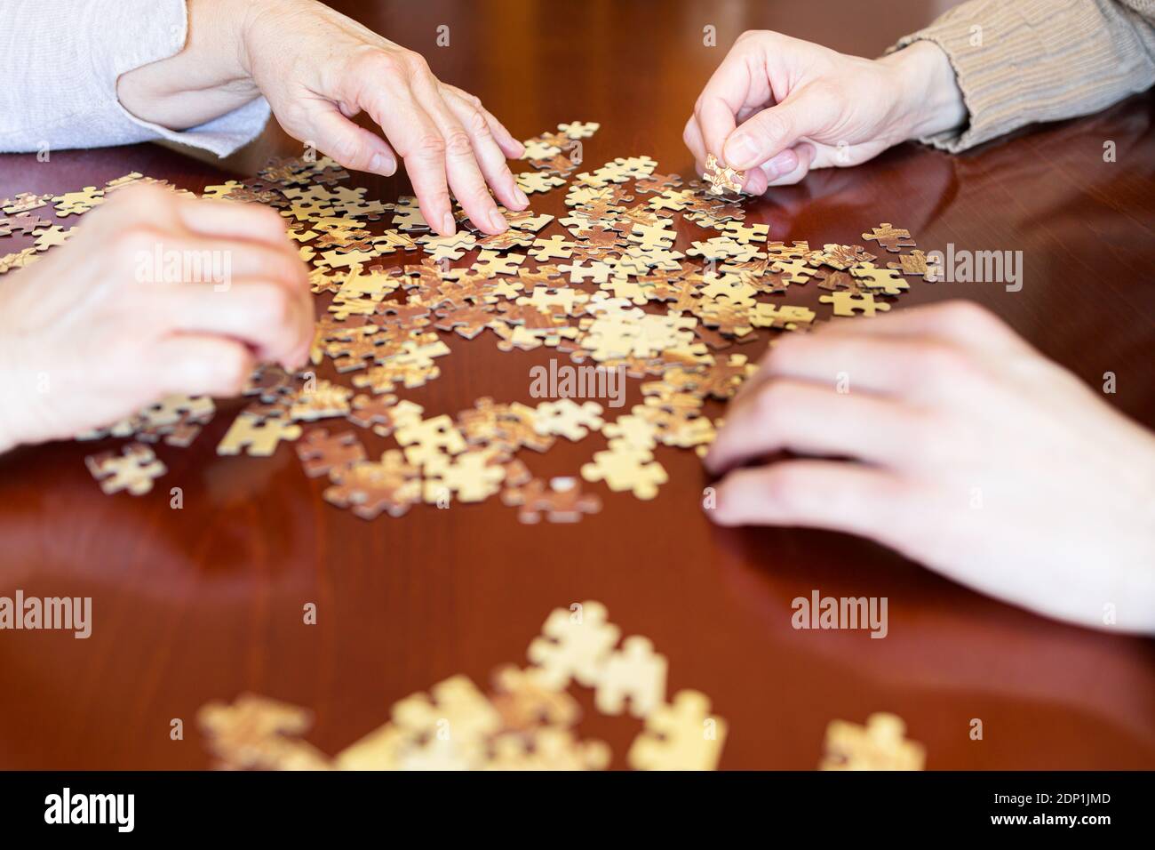Madre e figlio che fanno un puzzle a casa Foto Stock