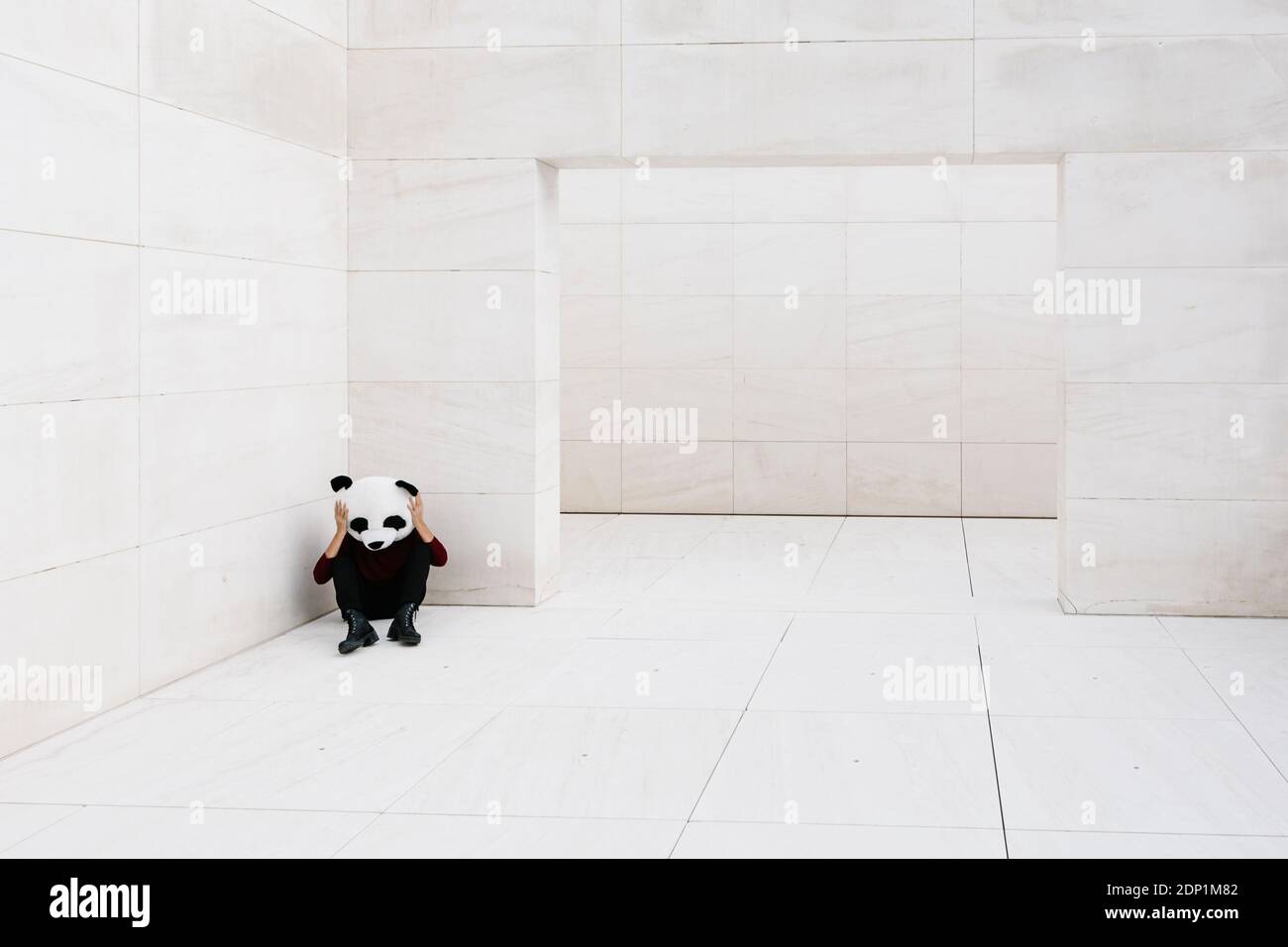 Donna che indossa una maschera da panda seduta in un angolo contro una parete bianca Foto Stock
