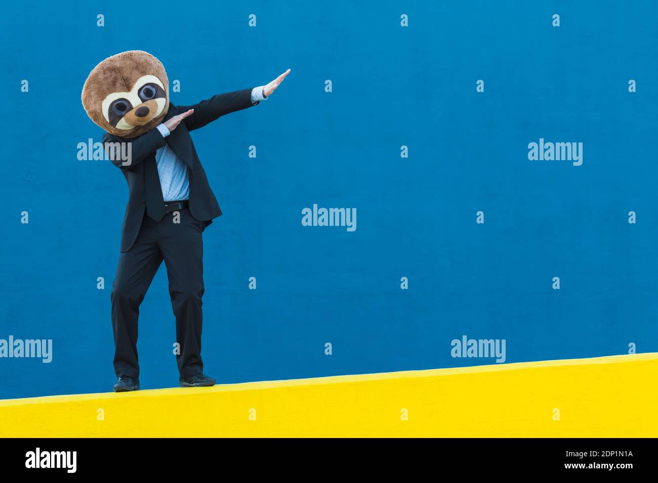 Ritratto di uomo d'affari in abito nero con maschera meerkat in piedi sulla parete gialla davanti allo sfondo blu Foto Stock