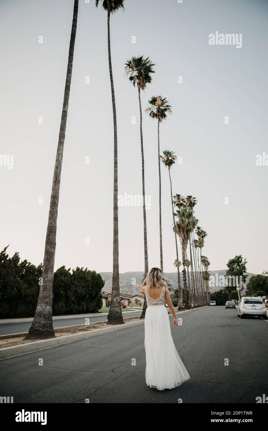 Vista posteriore della sposa su una strada con palme Foto Stock