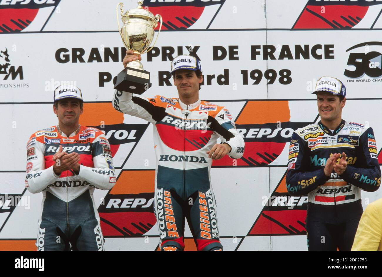 Podio GP di Francia 1998, Criville, Checa, Doohan, le Castellet Foto Stock
