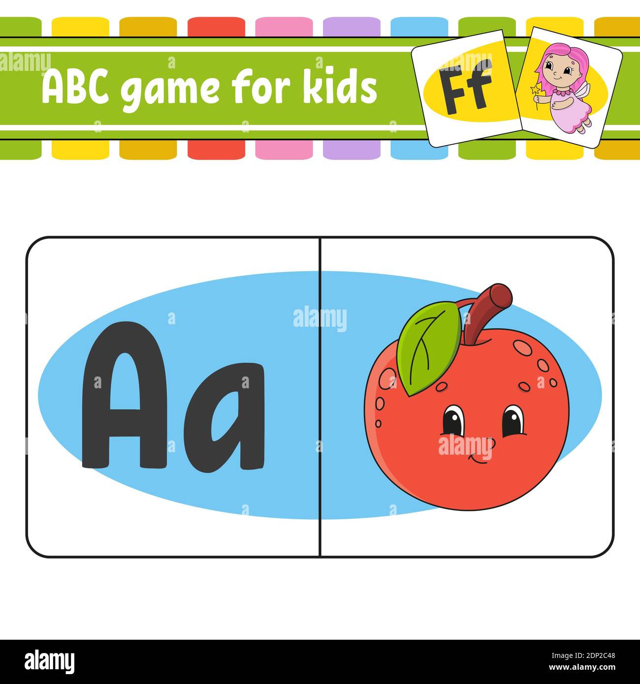 ABC flash cards. Alphabet for kids. Learning letters. Education developing worksheet. Activity page for study English. Game for children. Funny charac Illustrazione Vettoriale