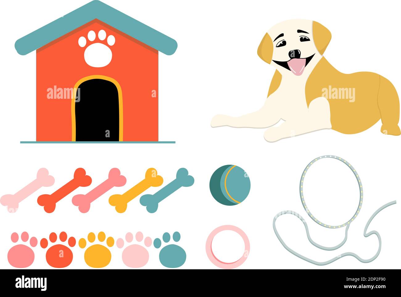 addestramento di cani, cani, oggetti animali. CABINA O SCATOLA, OSSA E GIOCATTOLI PER ANIMALI. Illustrazione Vettoriale