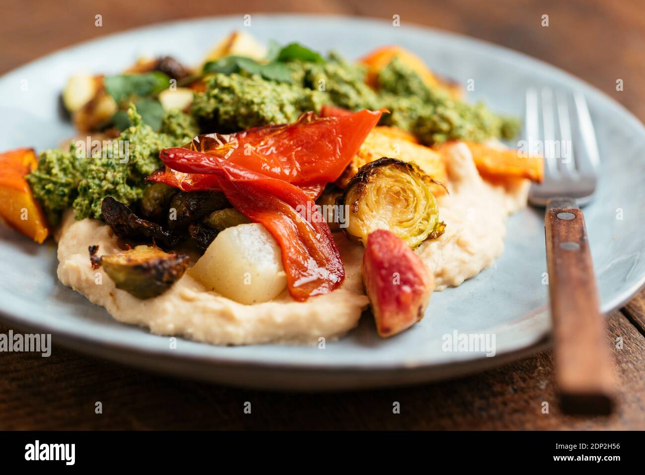 Verdure arrosto su Hummus fagioli al burro con Zhug Foto Stock