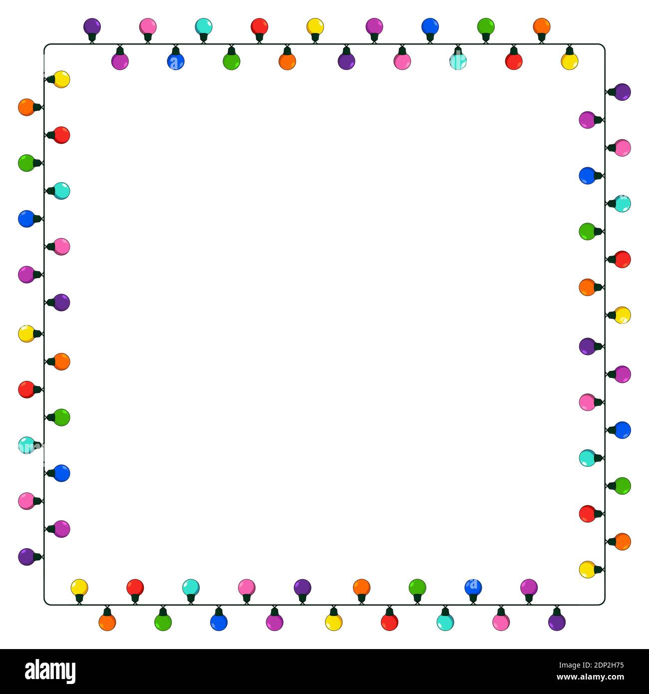Illumina la cornice quadrata della stringa con lo spazio di copia. Garland confine festivo per il biglietto di natale o banner. Elemento di design vettoriale colorato isolato sulla parte posteriore bianca Illustrazione Vettoriale