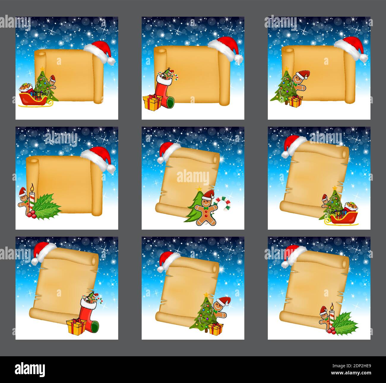 Sfondi di Natale con carta scroll set. Collezione di vecchia pergamena invernale decorata con albero di natale, pan di zenzero uomo, cappello di santa ecc Grande Illustrazione Vettoriale