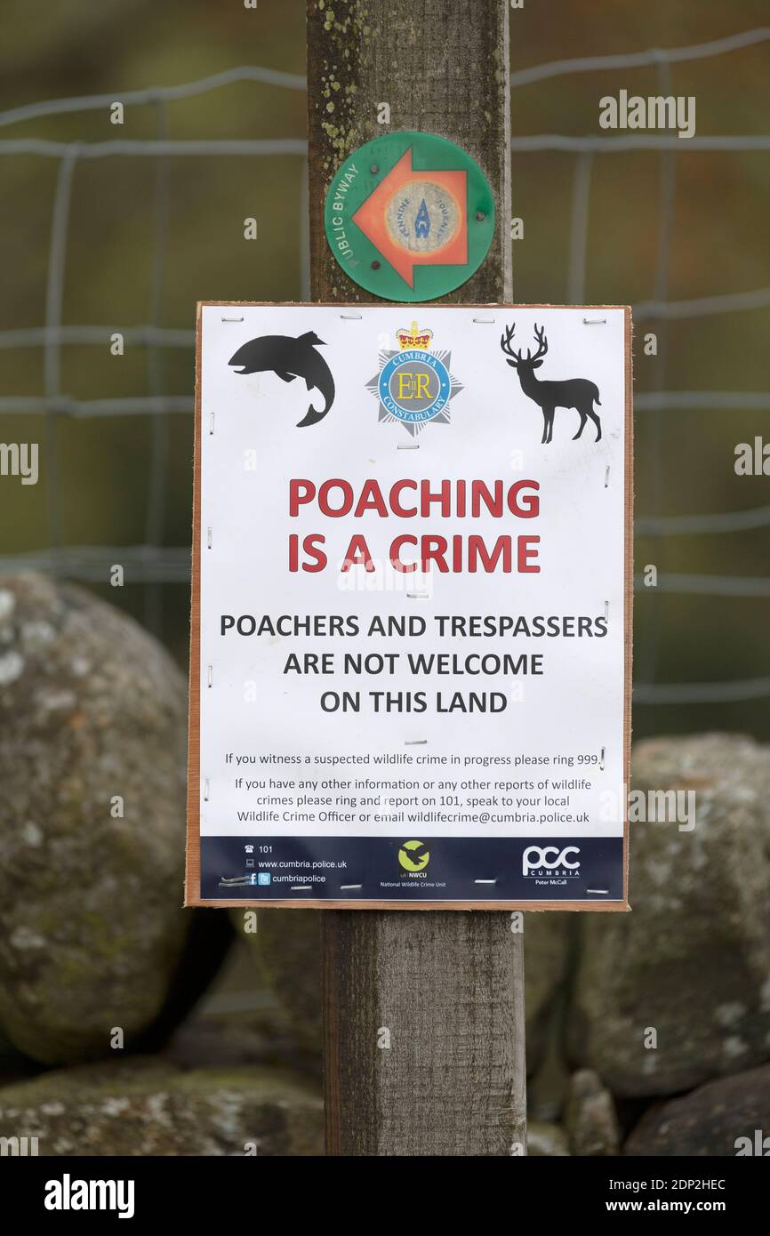 Firma su un sentiero di avvertimento contro bracconaggio e trasgressione sulla terra in campagna. Yorkshire Dales, Regno Unito. Foto Stock