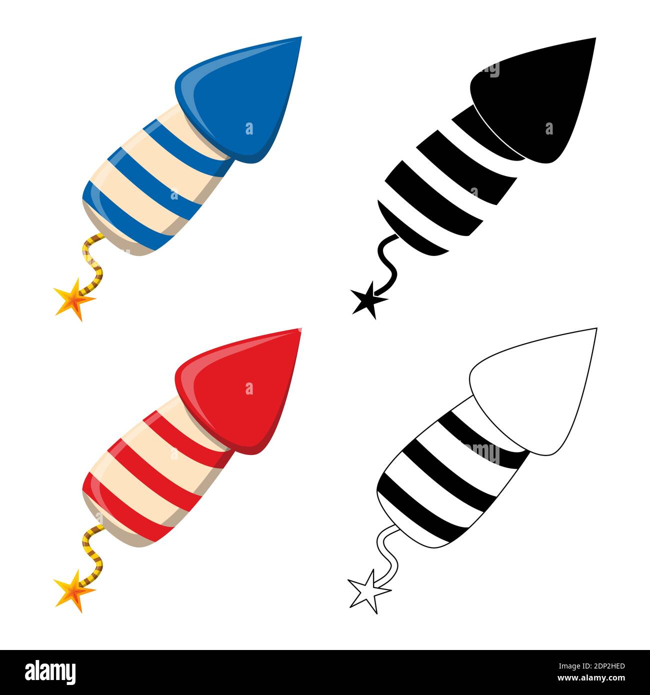 Set di icone di petardi da razzo per fuochi d'artificio. Collezione di simboli per la celebrazione del nuovo anno. Elemento di design rosso, blu, profilo e silhouette. Ottimo per banner o party i Illustrazione Vettoriale