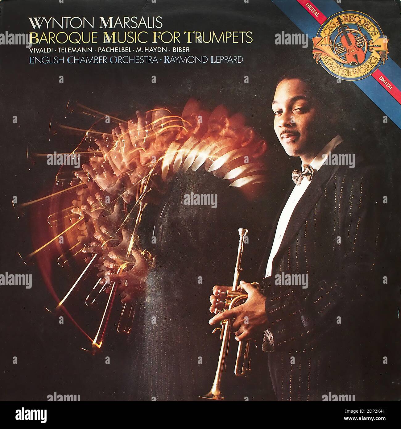 Vivaldi, Telemann, Pachelbel, M.Haydn, Biber - Musica barocca per trombe - Wynton Marsalis Trumpet, English Chamber Orch, Raymond Leppard, CBS M 42478 - copertina di album in vinile d'epoca Foto Stock