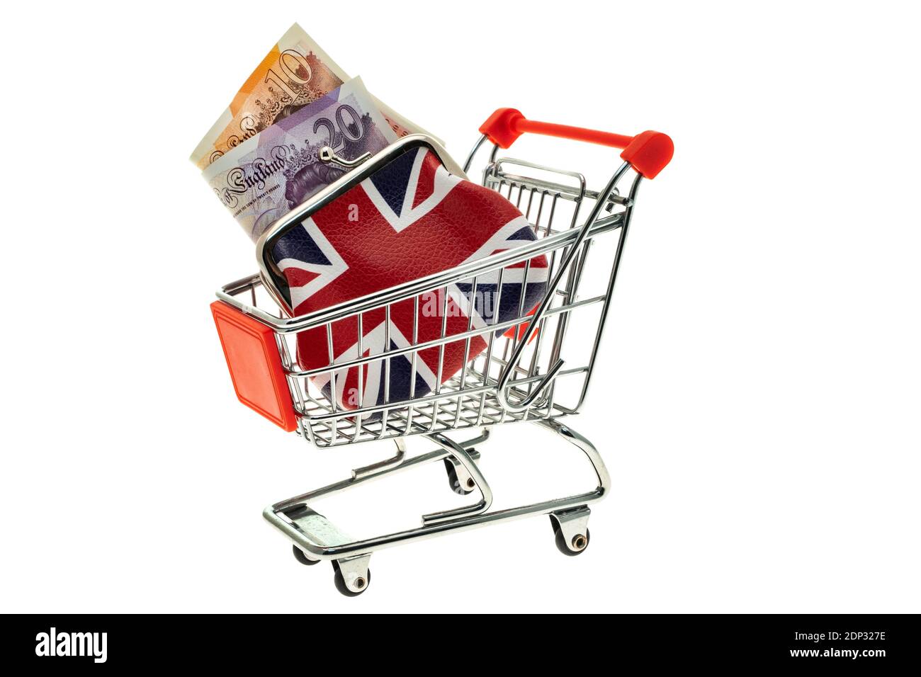Un carrello della spesa con una bandiera inglese stampato cambio borsa contenenti banconote - sfondo bianco Foto Stock