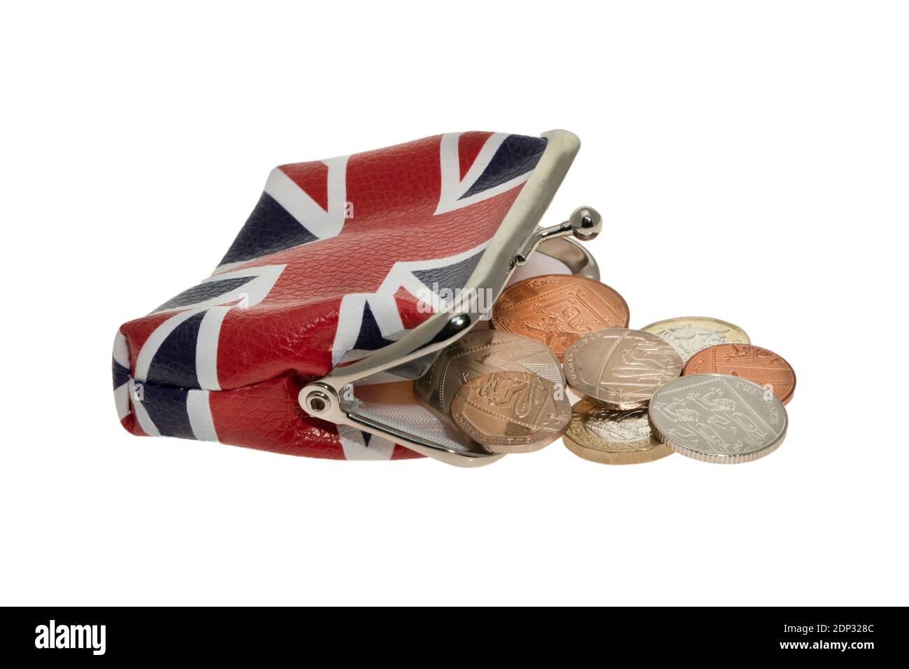 UK Union Jack bandiera stampato cambio borsa con monete di versamento out - sfondo bianco Foto Stock