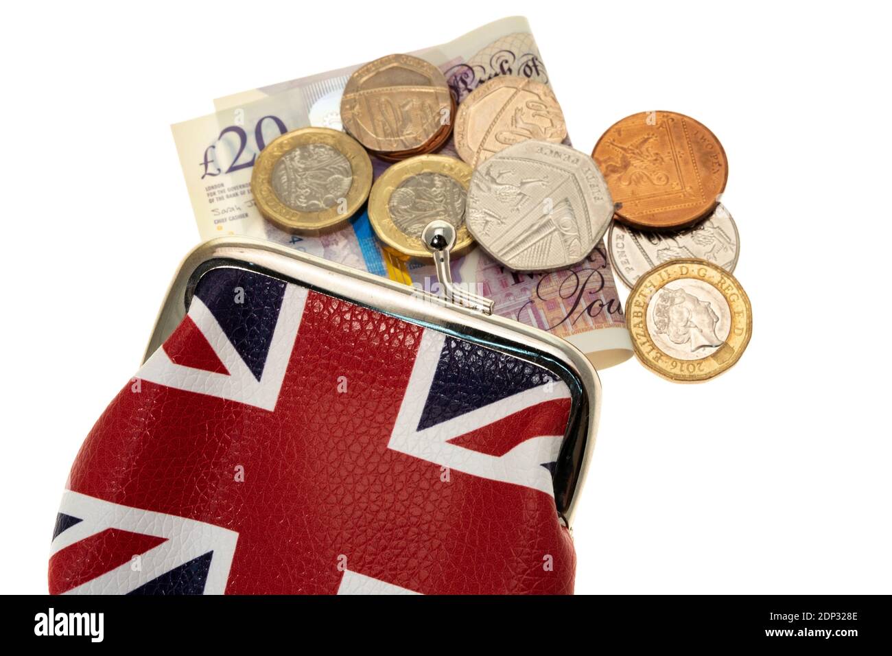 UK Union Jack bandiera stampato cambio borsa con monete e. fuoriuscita di banconote - sfondo bianco Foto Stock