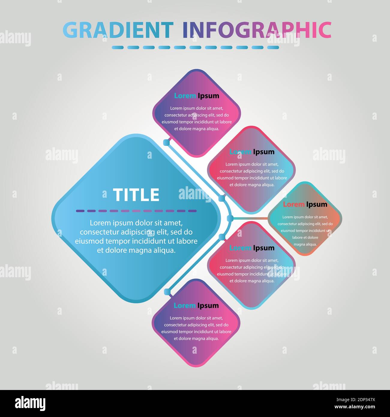 Infografica sul gradiente creativo. Modello di disegno per infografica piatta 5 elementi di gradiente circolari. Illustrazione Vettoriale