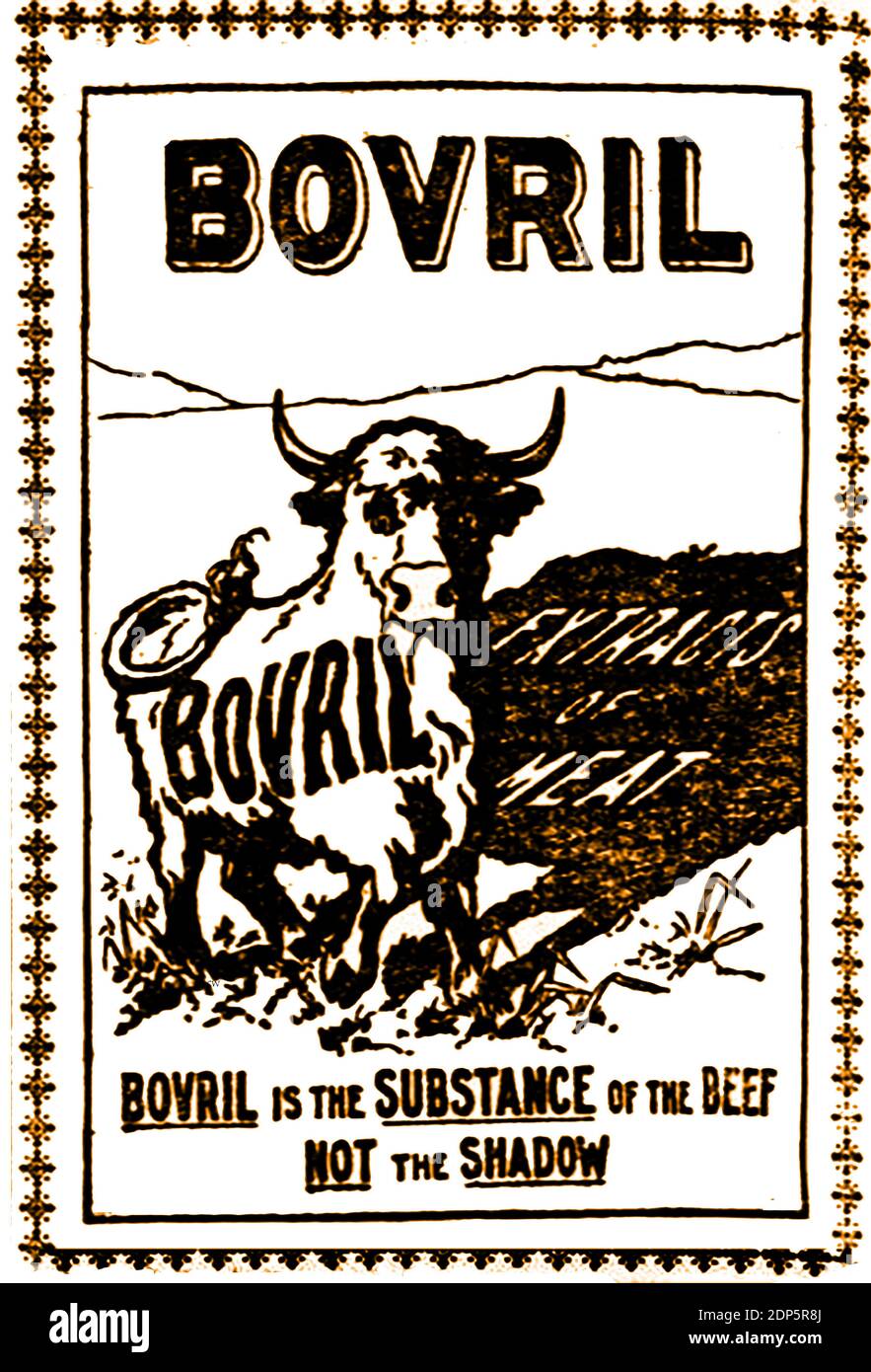 Un giornale britannico c1899 per l'estratto di carne di Bovril . Essa ha caratterizzato il Bovril Bull e l'affermazione che 'Bovril è la sostanza del manzo, non l'ombra '. Nel 1870, durante la guerra franco-prussiana, Napoleone III ordinò un milione di lattine di manzo per nutrire le sue truppe. Il compito è andato a John Lawson Johnston, uno scozzese che vive in Canada. Trasporto e stoccaggio essendo un problema, Johnston ha creato un estratto noto come 'Johnston's Fluid Beef', in seguito chiamato Bovril, che ha prontamente trovato enormi vendite in generi alimentari britannici, case pubbliche, e chimici (per l'uso come un alimento tonico per gli invalidi). Foto Stock