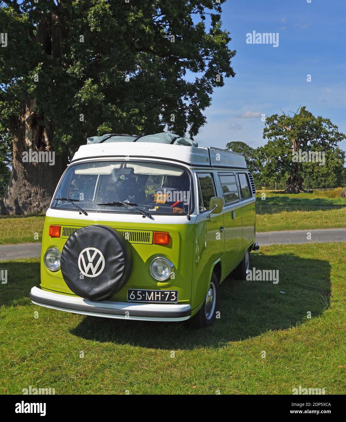Classic Green and White Volkswagen - Van Park VW Camper in campagna. Foto Stock
