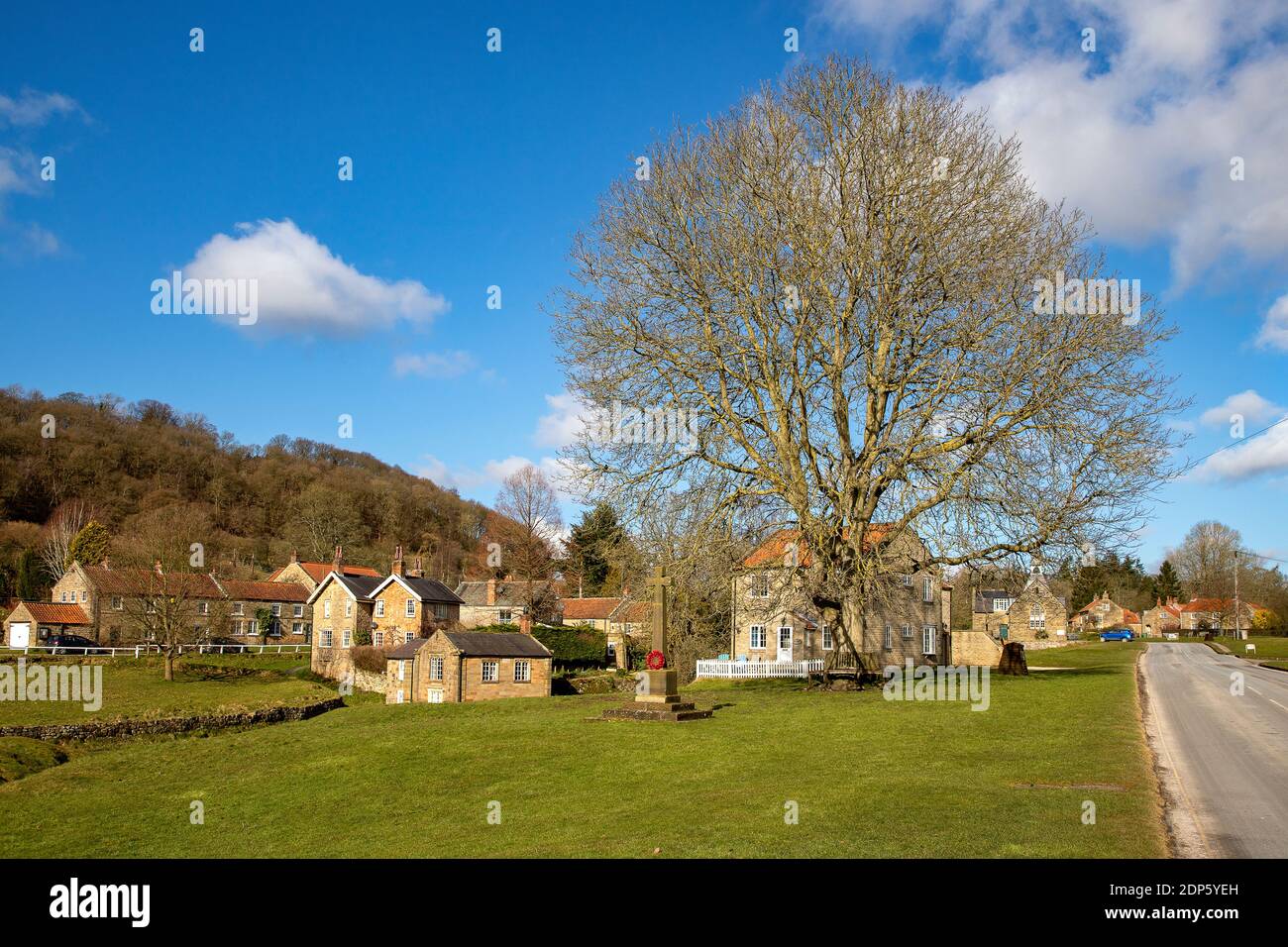 Il pittoresco villaggio di Hutton-le-Hole nel North Yorkshire, situato all'interno del North York Moors National Park, dove le pecore possono liberamente vagare. Foto Stock