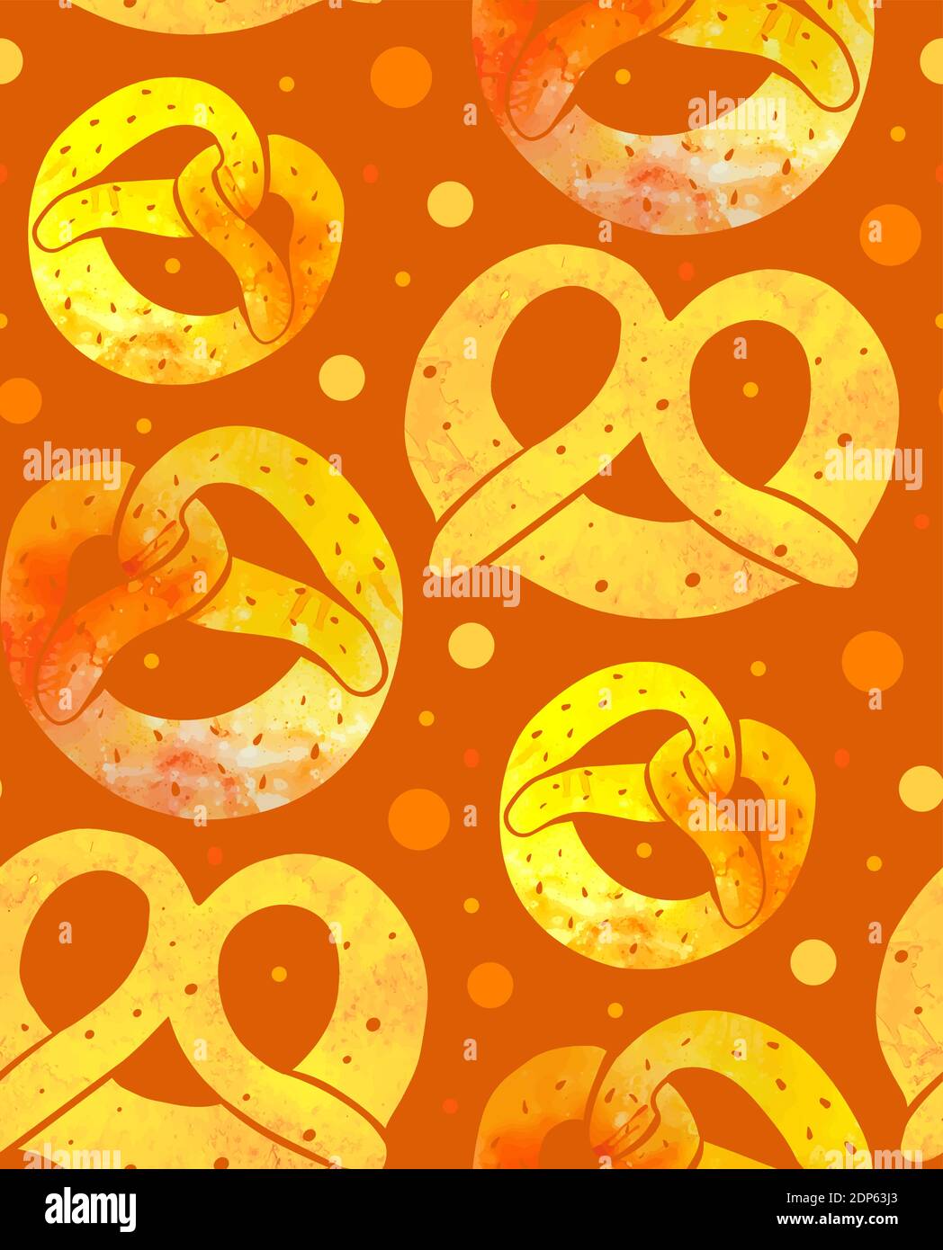 Motivo senza cuciture di prezel bavarese acquerello con trattamento di schizzi e macchie su sfondo marrone. Cottura con spruzzette. Texture cartoon vettoriale per Illustrazione Vettoriale