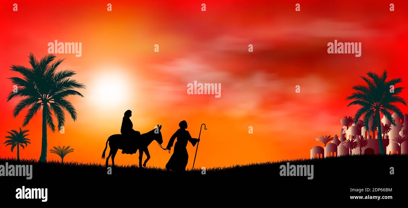 Vergine Maria e Giuseppe al tramonto. Il loro viaggio. Deserto, sole