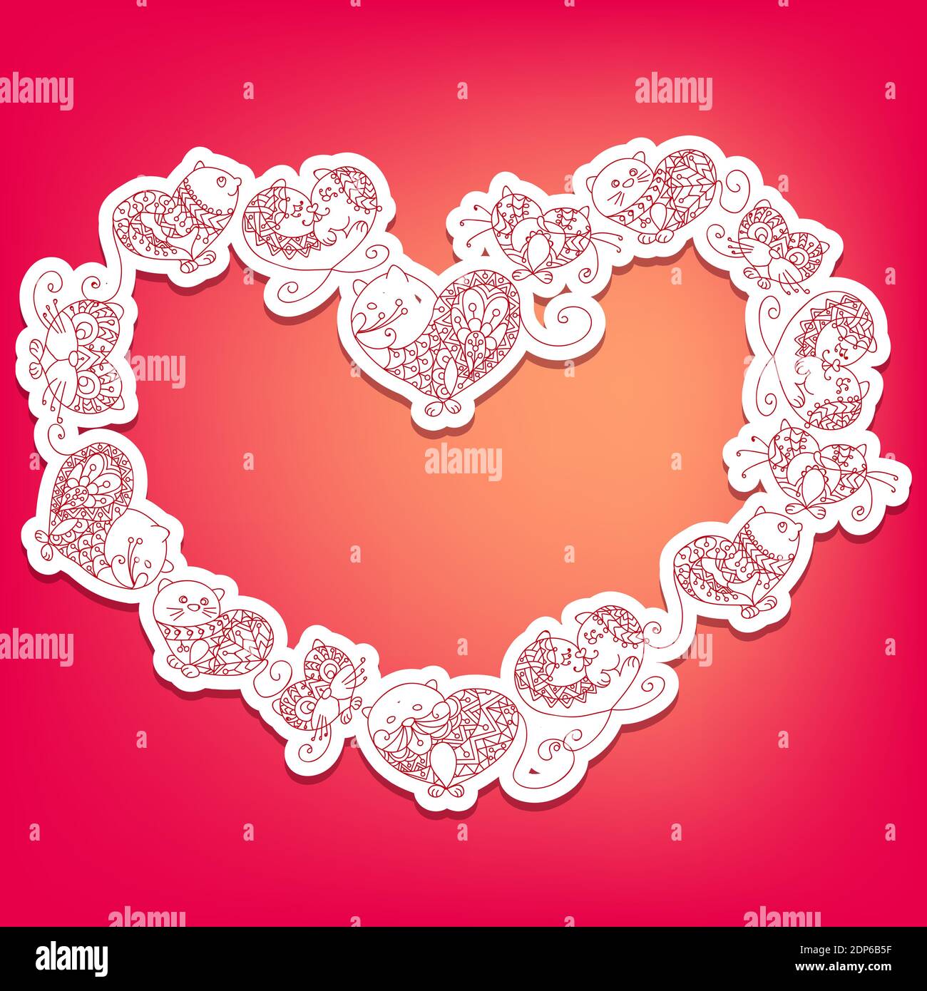 Forma carina di un cuore con i gatti in un bel ornamento Illustrazione Vettoriale