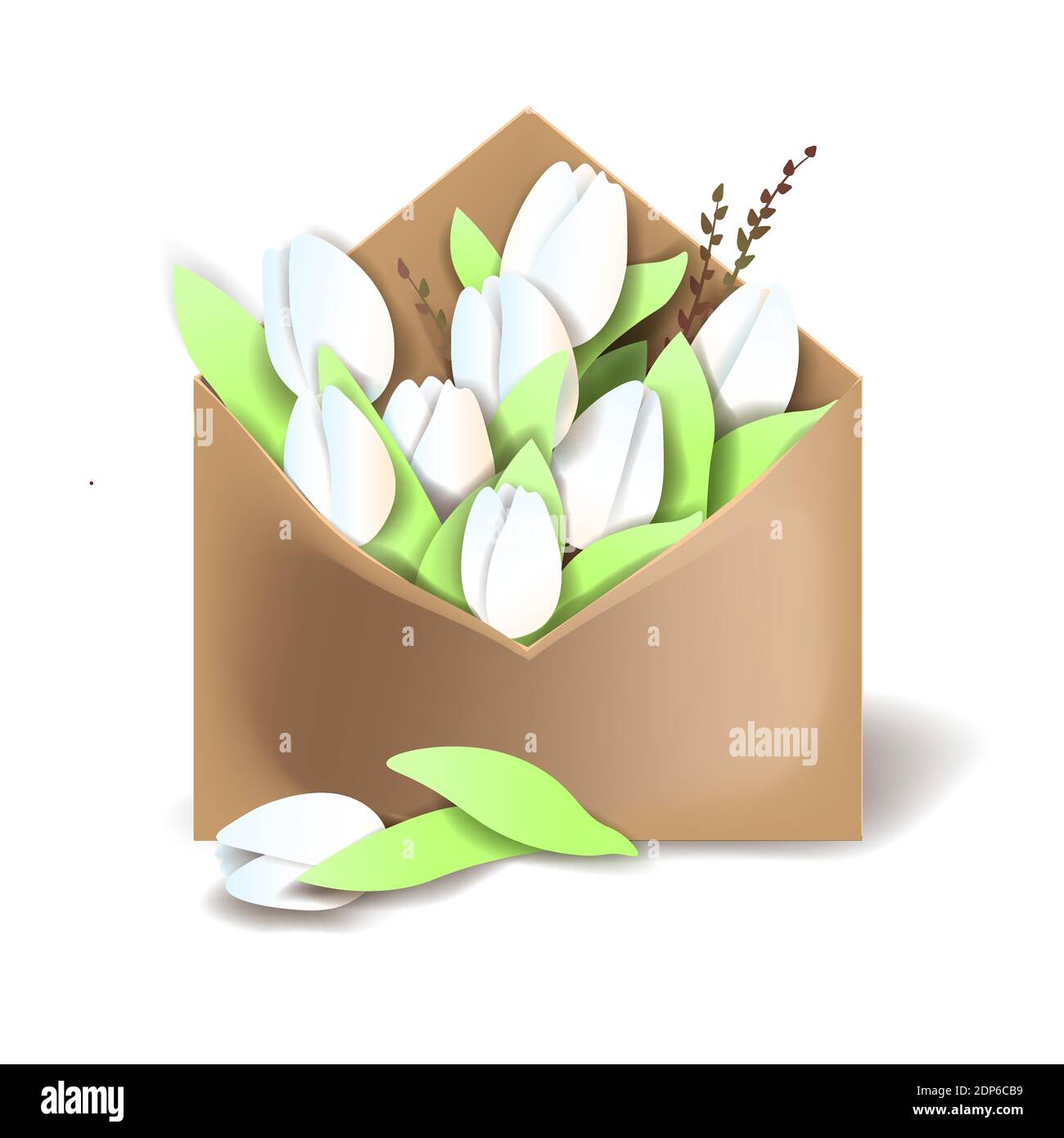 Tulipani di colore bianco nella busta di carta con molle e un fiore che giace separatamente Illustrazione Vettoriale