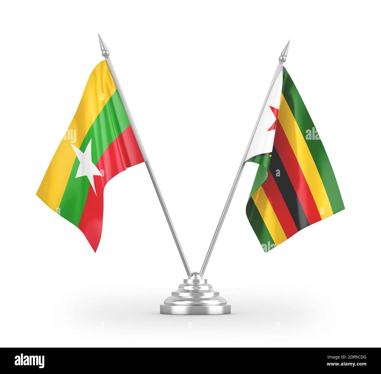 Bandiere da tavolo dello Zimbabwe e del Myanmar isolate sul rendering 3D bianco Foto Stock